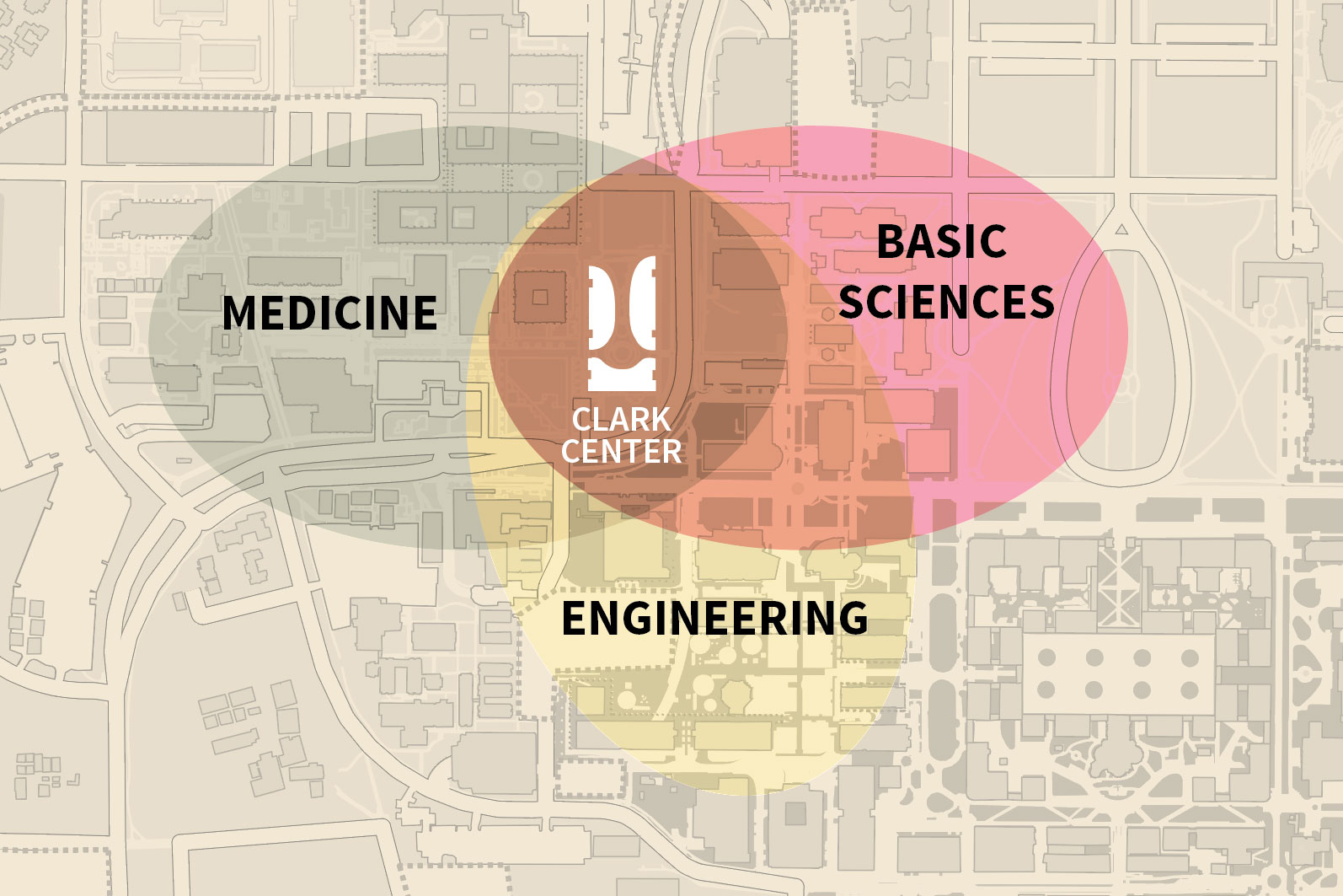 Map showing the Clark Center building between Medicine, Sciences and Engineering areas of campus.