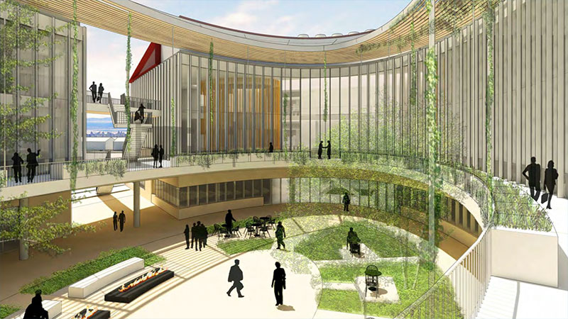 Architectural render of new research facility open atrium