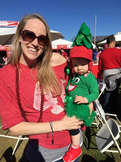 Mother with baby dressed as the Stanford Tree