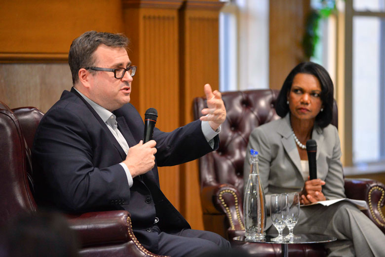 Cyber Boot Camp keynote speaker Reid Hoffman with Condoleezza Rice