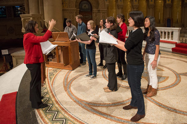 Stanford music lecturer Marie-Louise Catsalis and students.