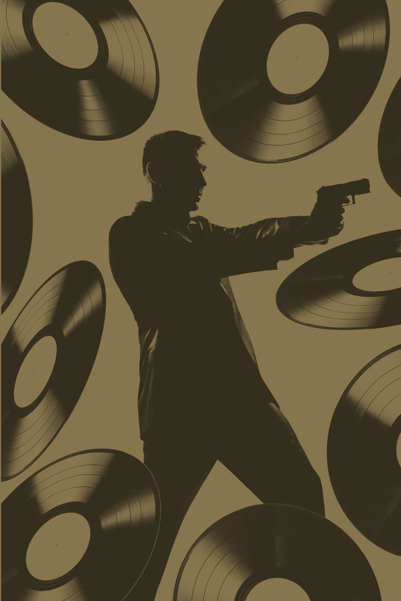 James Bond pointing his gun with vinyl records surrounding him