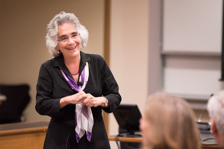 Persis Drell talking to the Faculty Senate