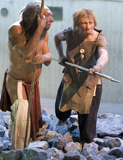 reconstruction of Neanderthal man and woman at the Neanderthal Museum in Mettmann, Germany