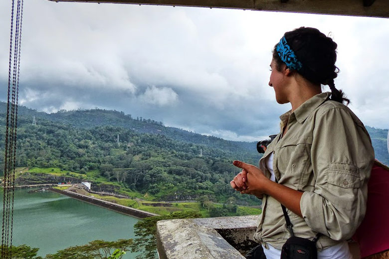 Debra Perrone looking down at Kotmale Dam, Sri Lanka