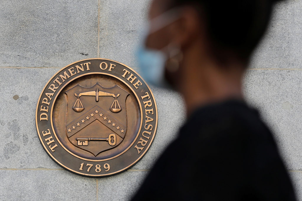 Signage is seen at the United States Department of the Treasury headquarters in Washington, D.C., U.S., August 29, 2020.