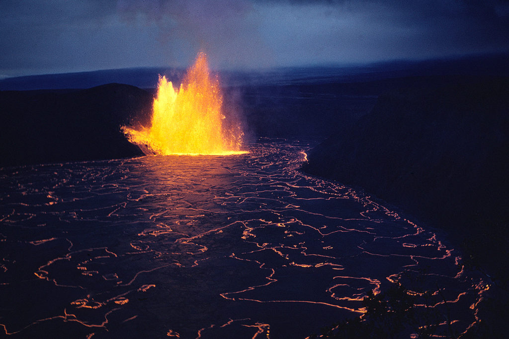 A lava fountain during the 1959 eruption of Kilauea Iki