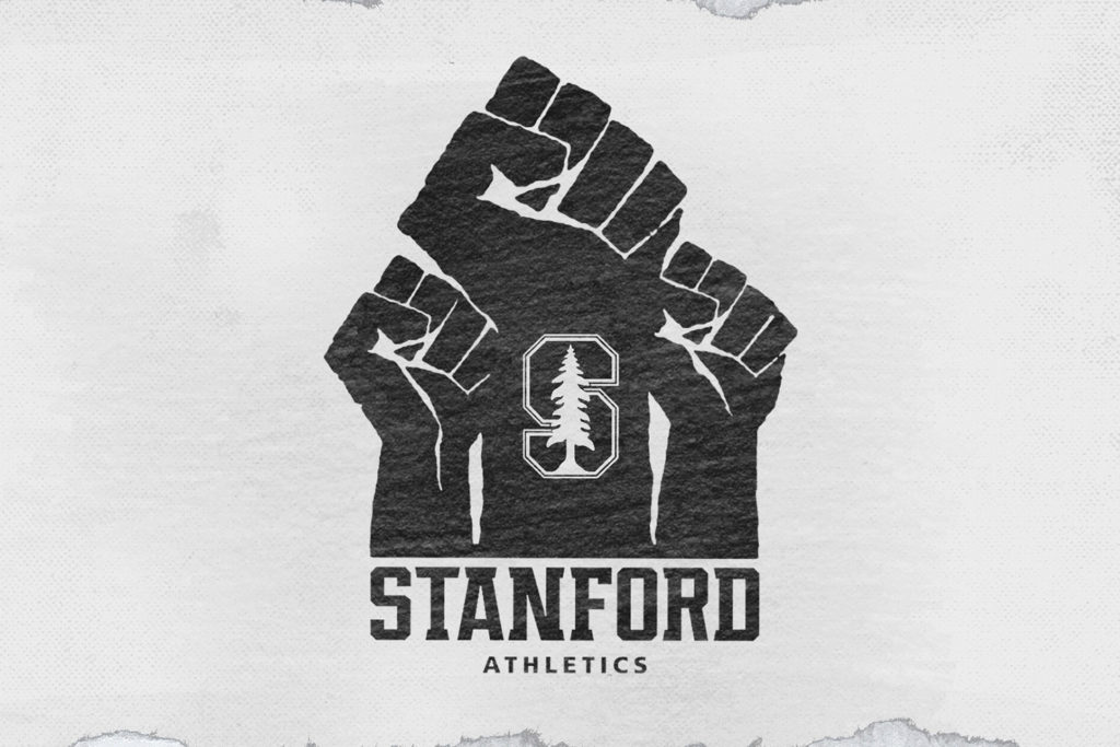 Logo for CardinalBLCK, featuring three raised black fists and the Stanford S in the middle with the words 'Stanford Athletics' underneath.