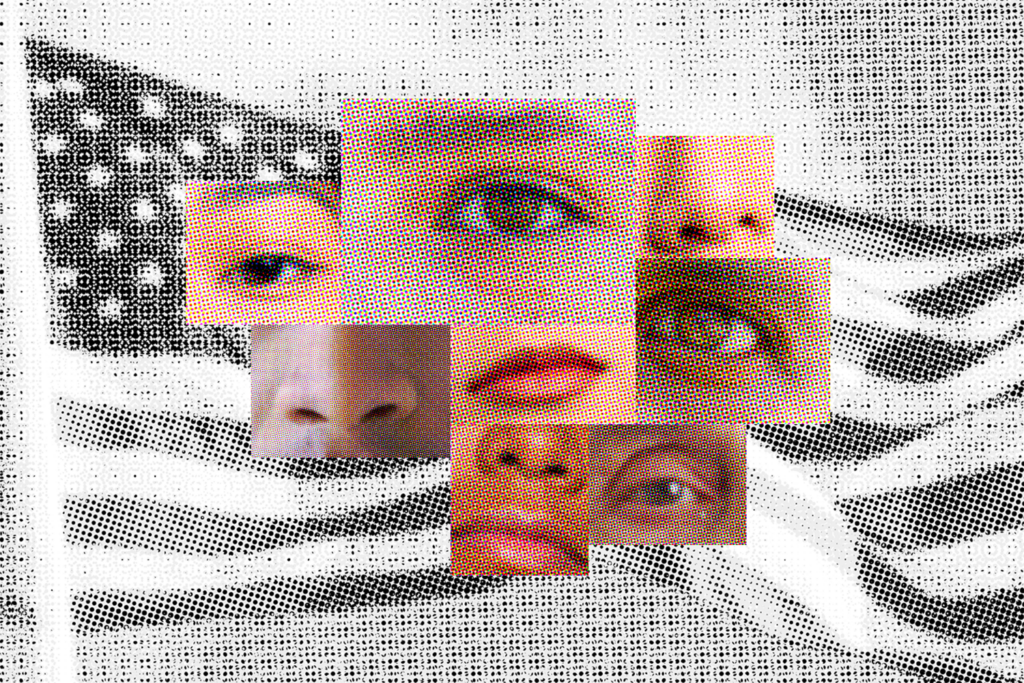 Close-up facial features on a black and white American flag. Each facial feature is overlayed with a blue or red square. The image is glitching, like a computer scanner.