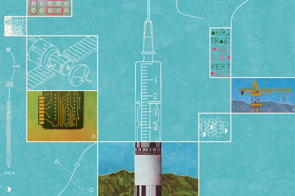 Line art illustration of various intersecting graphics: a satellite, a computer chip, a rocket ship and medical needle, a crane, and small detailed diagrams.