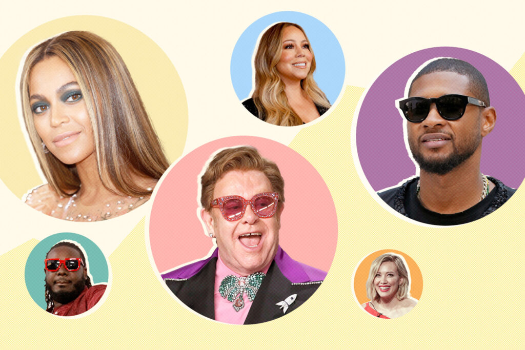 Photo collage of popular musicians: Beyoncé, Mariah Carey, Usher, Elton John, T-Pain, and Hillary Duff.