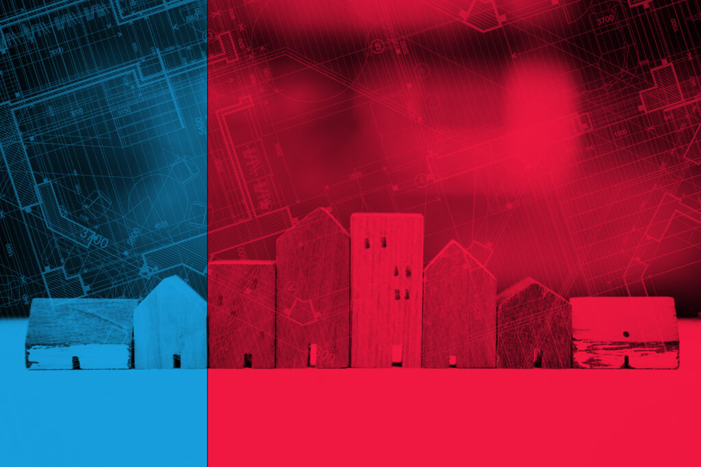 A photo illustration of a row of small wooden houses overlaid with blue and red blocks, and blueprint line art.