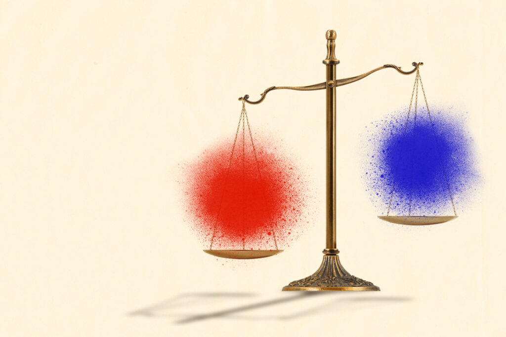 Illustration of the scales of justice; the lighter side is a blue spray painted mark, and it's being lifted up by the heavier red spray painted mark.