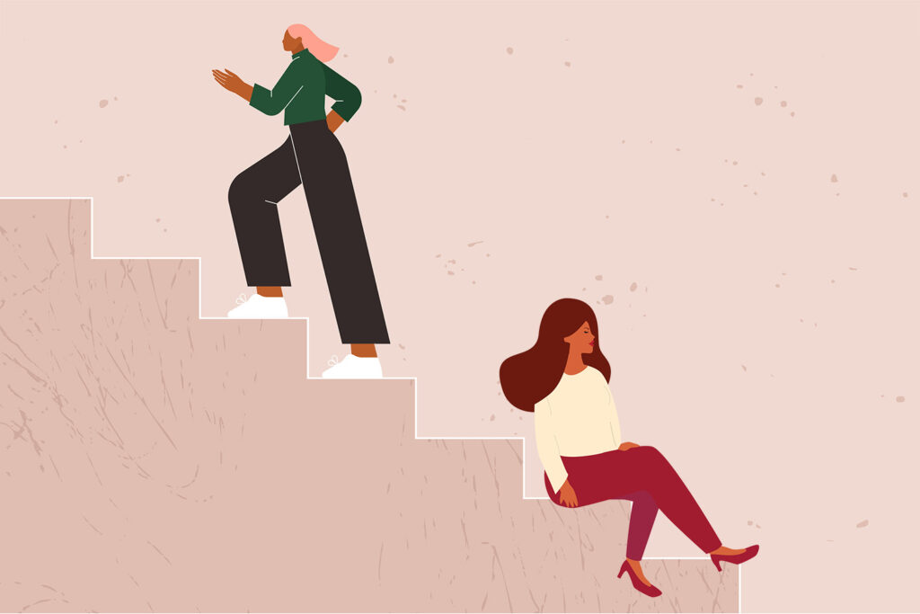 Illustration of a staircase, with one woman climbing quickly to the top, and another woman sitting at the bottom of the stairs, facing the opposite direction.