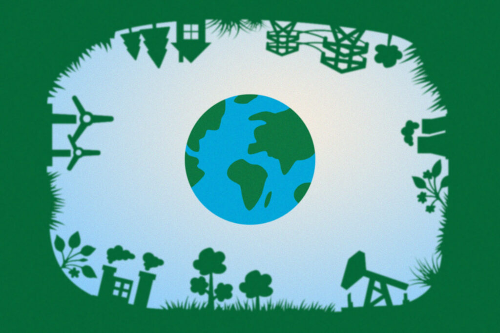 Illustration of the world, as viewed from a green lens that is surrounded by symbols of industry; oil rigs, factories, power lines, and trees and leaves.