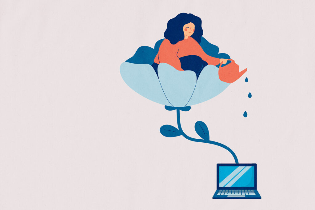 Illustration of a woman sitting on top of a flower that is growing out of a laptop computer. The woman is using a watering can to water the laptop.