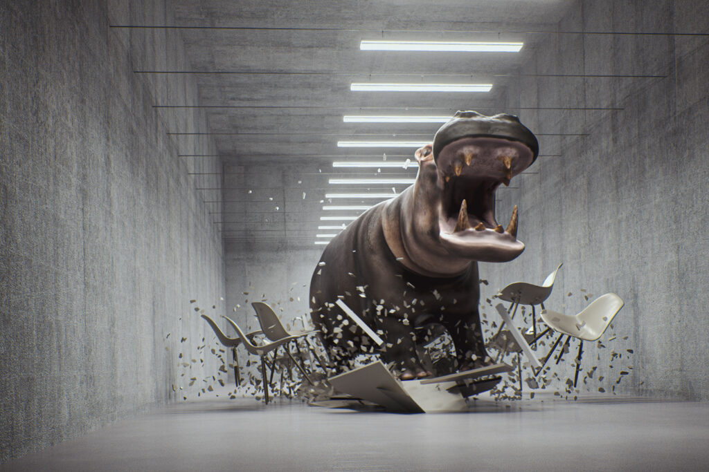 a photo-realistic illustration of an angry hippo storming through a workspace and crushing chairs.