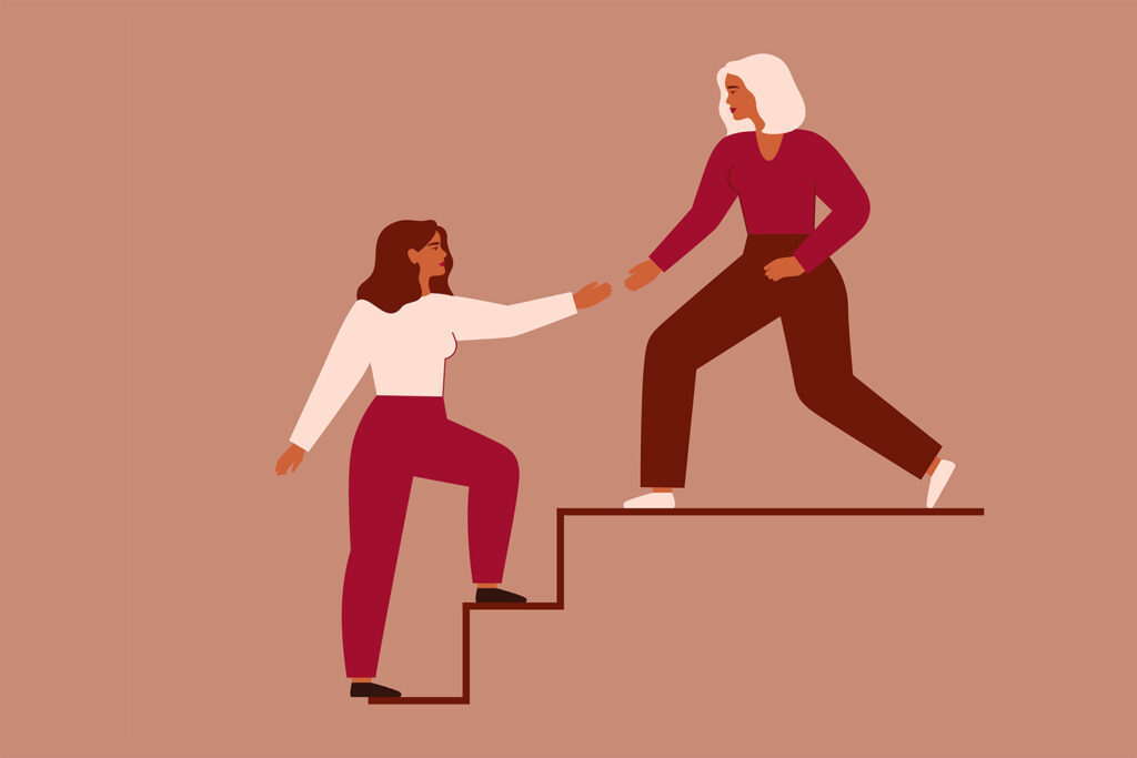 Illustration of two women on a staircase, one is reaching toward the other one to help lead her up the stairs.