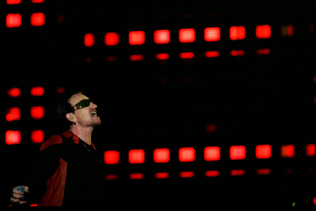 U2's lead singer Bono performs during their 'Vertigo' tour concert in Buenos Aires.