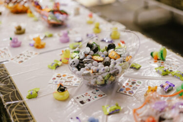 Candy and stickers on a festive table top