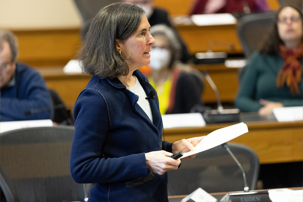 Vice Provost for Graduate Education Stacey Bent presents on graduate student affordability during the Faculty Senate meeting on Thursday, Feb. 23, 2023.