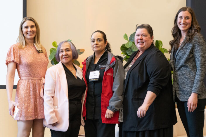 The “Lead with Purpose, Ignite Your Power!” panel highlighted opportunities for personal and professional development available through the Women’s Leadership Development Program. Panelists from left: Michelle Lomeli, Maria Castillo, Mirilla Farias, Cyndi McCollister, and moderator Jackie Bertoldo.)