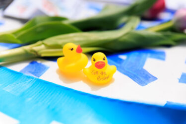 Rubber duckies with "Call the Bridge" printed on them.