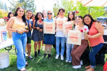 Provost Persis Drell with group of students.