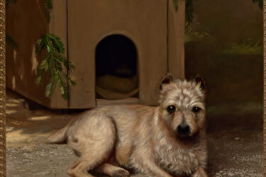 California painter and photographer Andrew Putnam Hill depicts Tootsie, the Stanford family dog, lounging in front of his dog house.