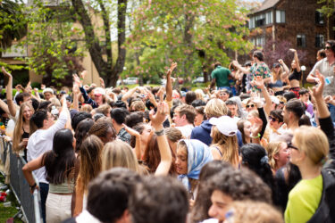 Crowd of students dancing.