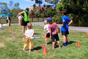 Children playing lawn game.