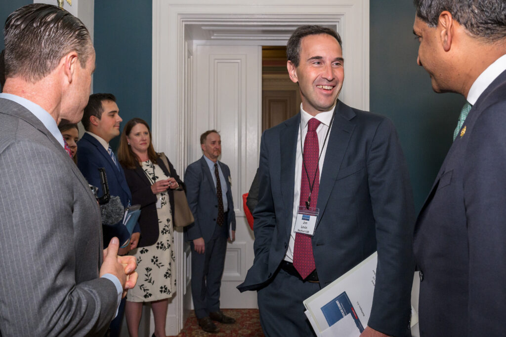 Photographed left to right: Todd Young, Jonathan Levin, and Ro Khanna.