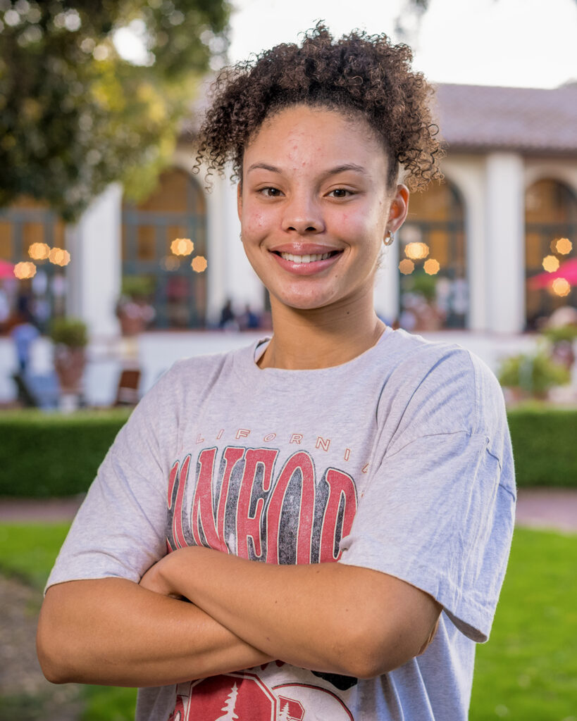 Courtney Ogden Stanford Class of 2027 poses for a portrait in Lagunitas Court in Stanford California October 12, 2023.