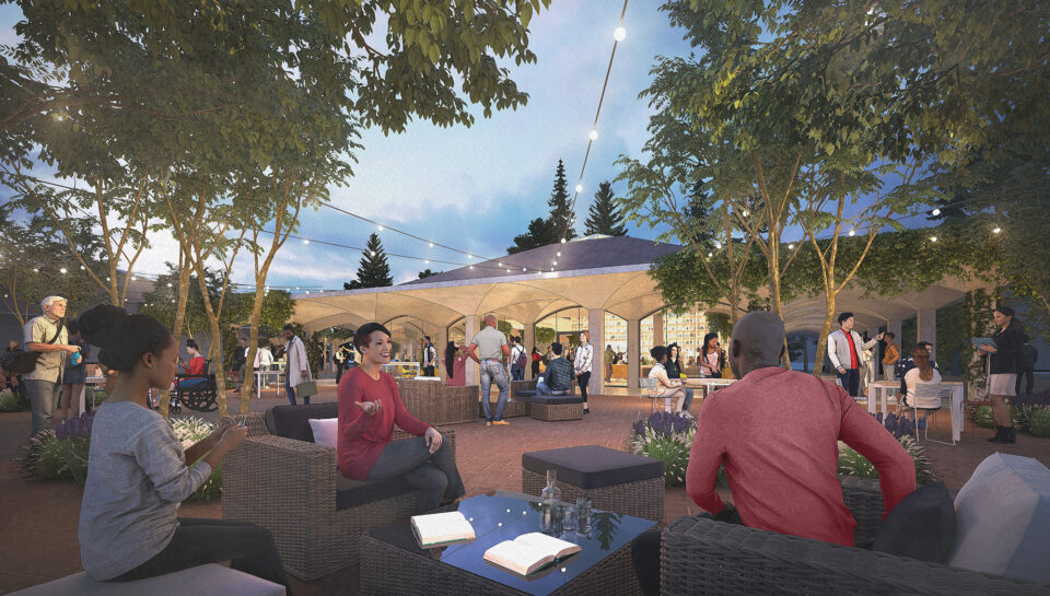 Conceptual rendering of outdoor gathering spot at Town Center