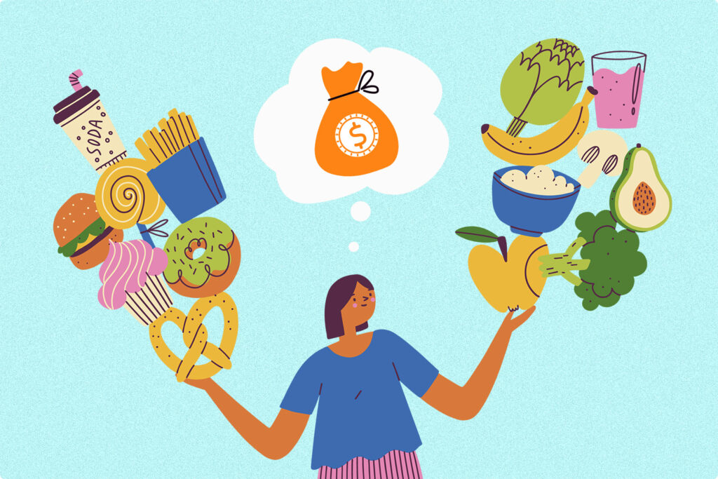 colorful illustration of a young person holding and looking at a stack of health food in their left hand and holding a stack of junk food in their right hand, while thinking about money.