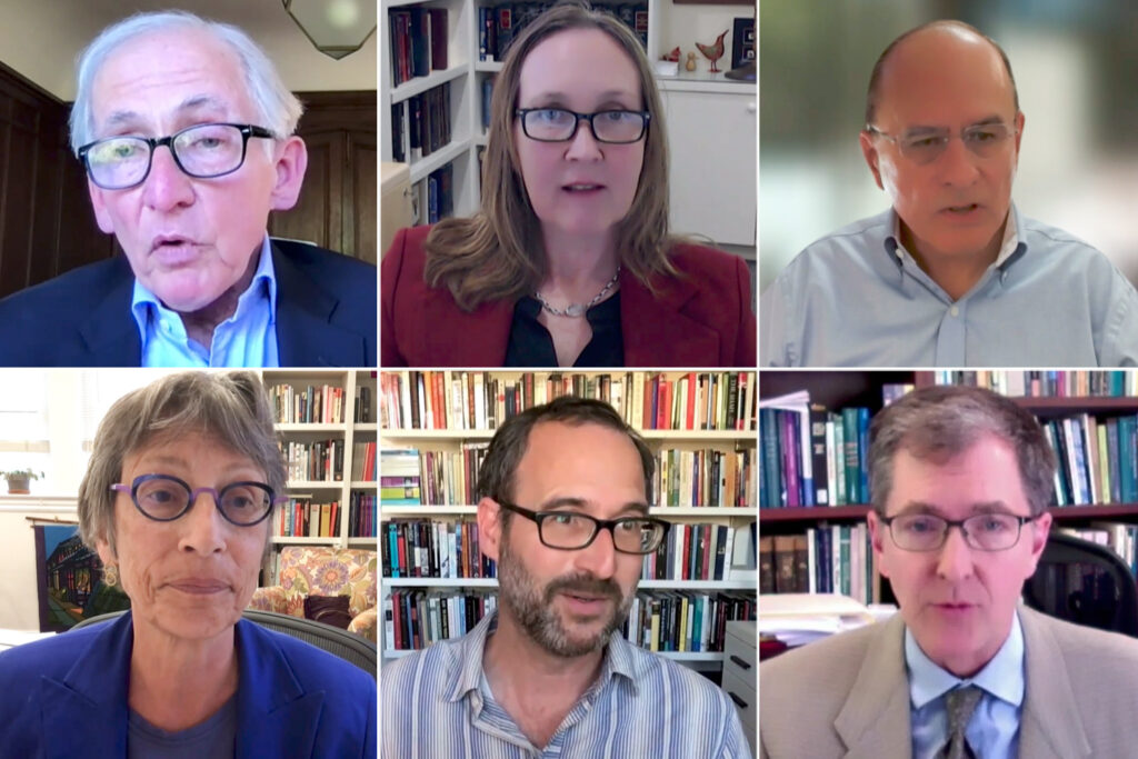 Speakers at the annual meeting of the Academic Council on May 9, 2024: (top row, left to right) President Richard Saller; Provost Jenny Martinez; Matthew Snipp, vice provost for student affairs; (top row, left to right) Debra Satz, dean of the School of Humanities and Sciences; Professor Dan Edelstein, faculty director of Stanford Introductory Studies; Lanier Anderson, vice provost for undergraduate education.