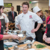 Chef Jamie Oliver in Stanford kitchen with staff and students /  L.A. Cicero