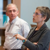 Debra Satz speaking while Richard Saller looks on. Photo: L.A. Cicero