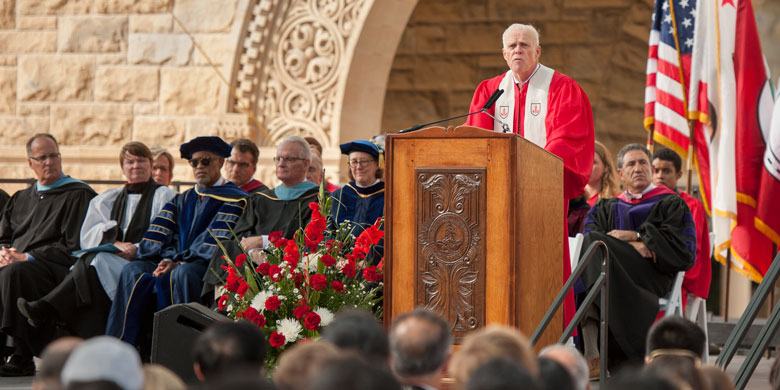 John Hennessy at the podium at Convocation