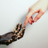 Human hand touching mechanical hand