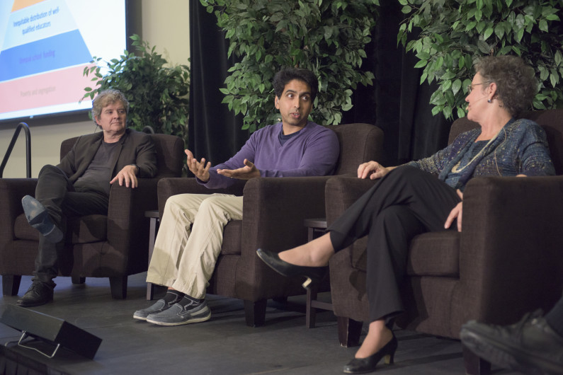 left to right: Sean Reardon, Salman Khan and Linda Darling-Hammond, panelists at OpenXChange event, "Combating Inequality in Education"