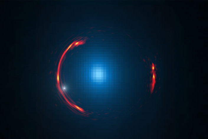 Composite image of the gravitational lens SDP.81 showing distorted image of the more distant galaxy and the nearby lensing galaxy