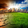 image of city in background, with foreground grass shading to parched earth