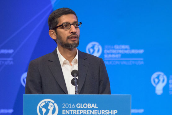 Google CEO Sundar Pichai at the lectern in Memorial Auditorium