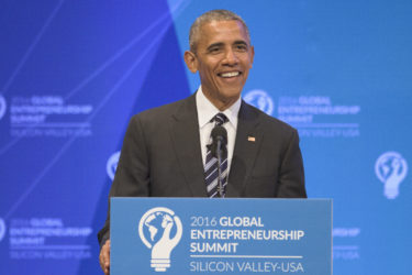 Barack Obama at lectern in Memorial Auditorium at GES 2016