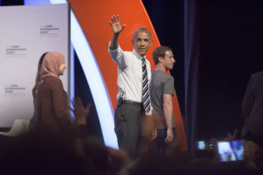 Mai Medhat, Barack Obama and Mark Zuckerberg departing the stage