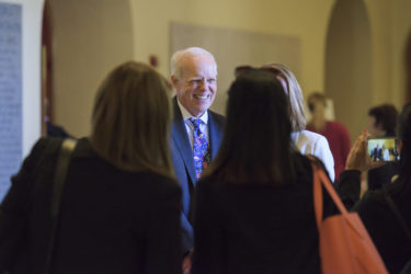 John Hennessy in Memorial Auditorium foyer