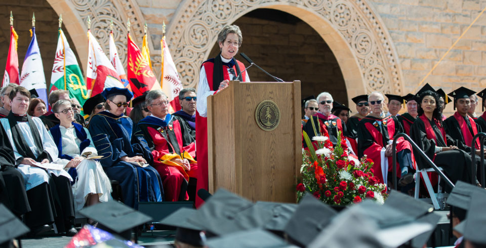 The Most Rev. Dr. Katharine Jefferts Schori gives her address at Stanford University's 2016 Baccalaureat celebration