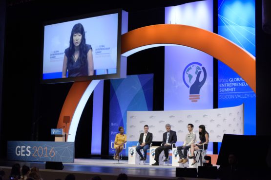 On stage are a panel of four award-winning entrepreneurs and moderated by Steve Case