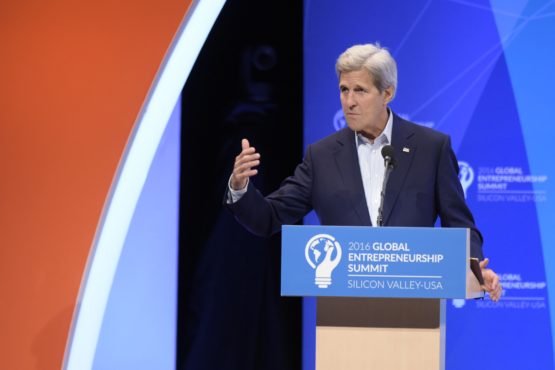 US Secretary of State John Kerry at lectern in Memorial Auditorium, Stanford, speaking at 2016 GES